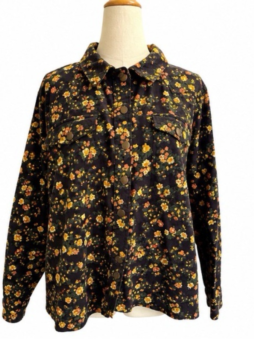 Back in the Saddle Floral Shacket Jacket XL Black Cotton Button Front Overshirt